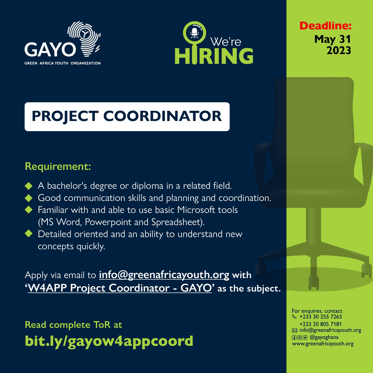 gayoghana's tweet photo. We're searching for a Project Coordinator who is committed to creating a #sustainable future and #social justice.

Apply now - https://t.co/4tfLFihhKu
Deadline: May 31, 2023.

#hiring 
#adaptation 
#water 
#goforzerowatse 
#mentalhealthawareness 
#menstruationmatters https://t.co/NyZt2ii2sw