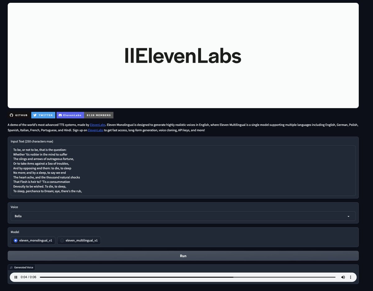 .@elevenlabsio just released a demo of the world’s most advanced TTS systems Eleven Monolingual is designed to generate highly realistic voices in English, where Eleven Multilingual is a single model supporting multiple languages including English, German, Polish, Spanish,…