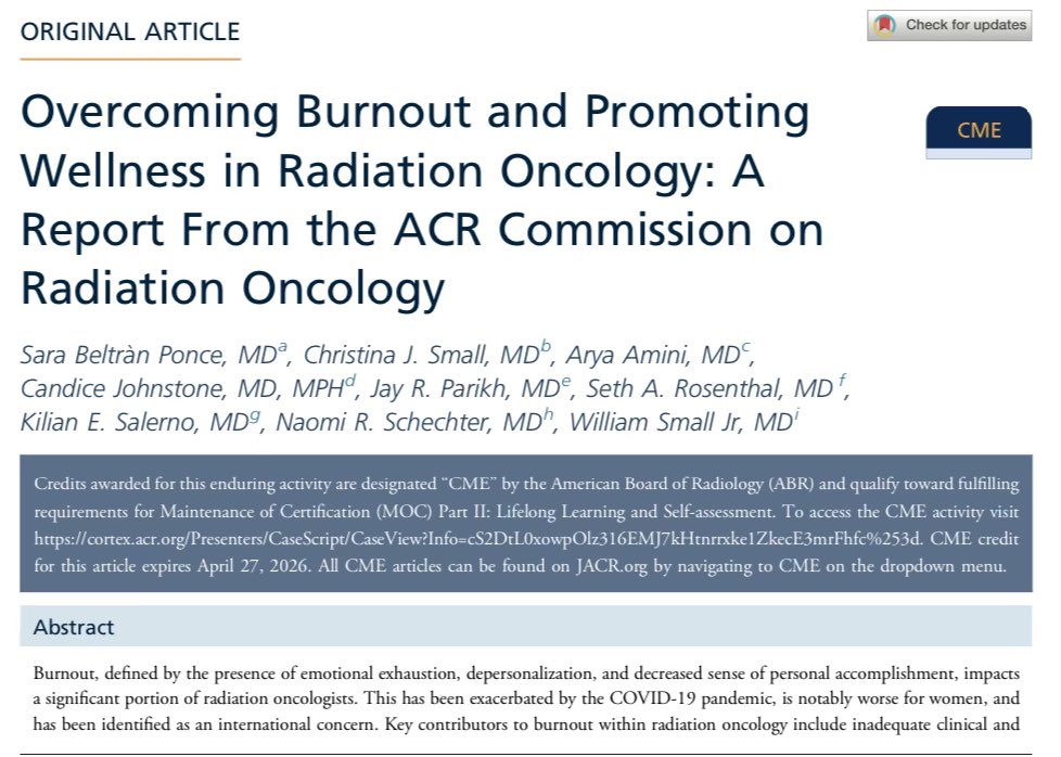 📰 May 2023 @JACRJournal What are some strategies to overcome burnout and enhance wellness in radiation oncology? Focus on.. ✅ Support structures ✅ Work-Life Balance ✅ Job Satisfaction ✅ Organizational Factors ✅ Emotional Burdens of Patient Care jacr.org/article/S1546-…