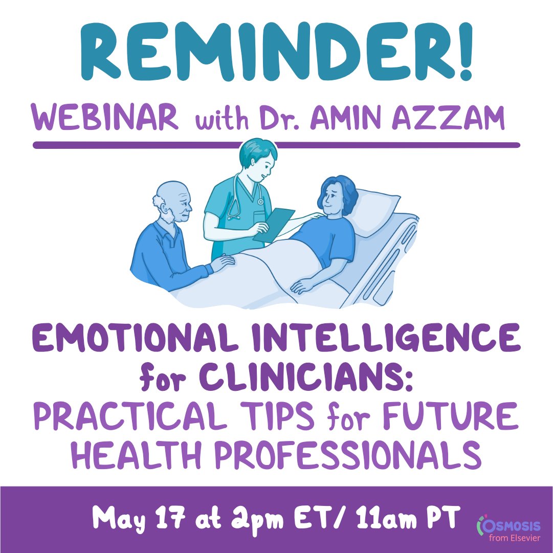 OsmosisMed: Reminder: join Osmosis' Dr. Amin Azzam TOMORROW at 2 PM EST/11 AM PST to learn about emotional intelligence and how to apply it in healthcare settings.

Register for this insightful webinar on Osmosis: osms.it/webinar-emotio…