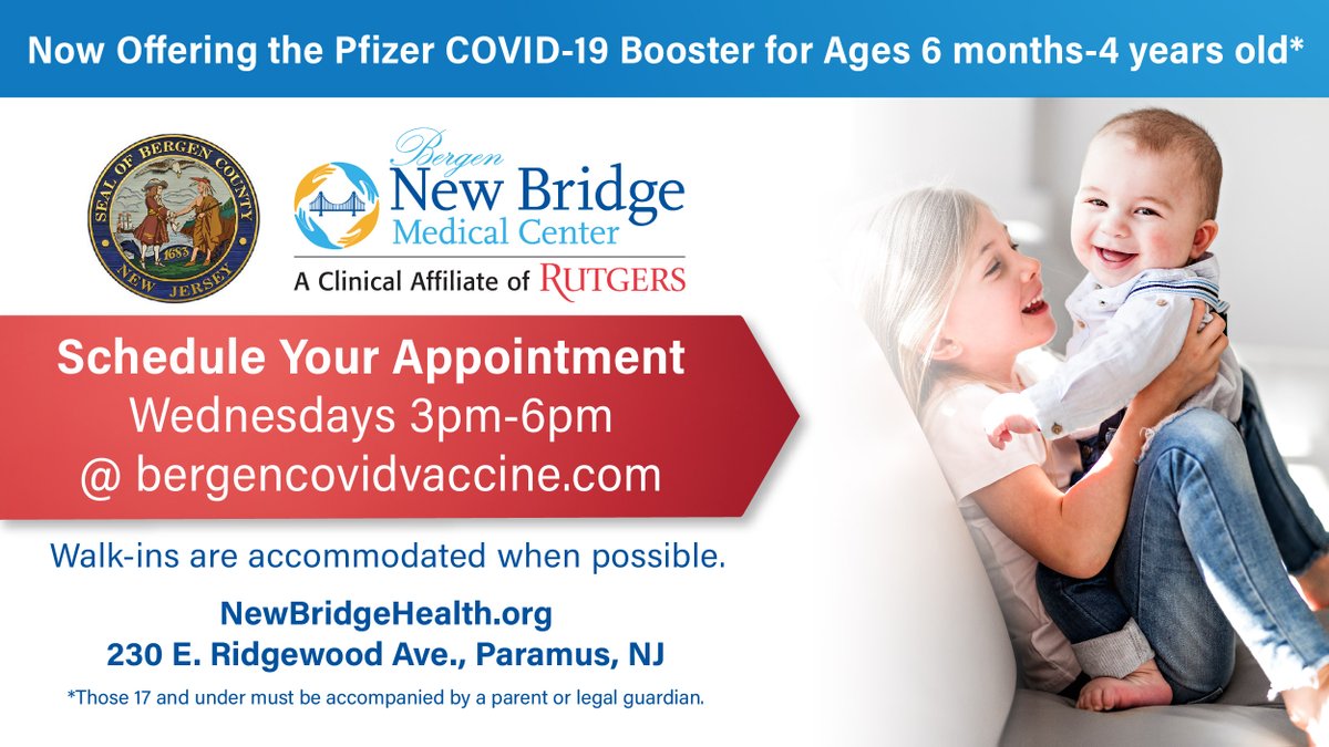 NewBridgeMedCtr's tweet photo. 📣 Now offering 📣
Pfizer COVID-19 Booster
Ages 6 months-4 years old
Wednesdays 3pm-6pm
(last appointment 5:30pm)
https://t.co/HaTE4khYId
Walk-ins are accomodated when possible.
#COVID19 #COVID19Booster #Pfizer #PfizerBooster #BergenNewBridgeMedicalCenter https://t.co/VeLth4dij0