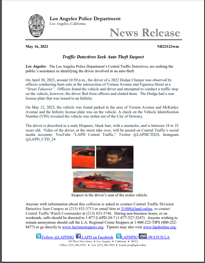 LAPDPIO's tweet photo. Traffic Detectives Seek Auto Theft Suspect https://t.co/QNiKdH633F