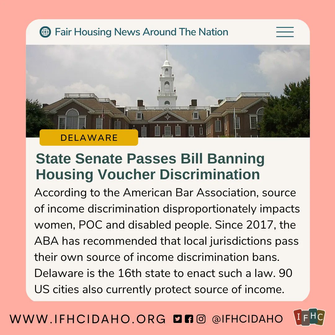 IFHCIdaho's tweet image. #Delaware "According to the American Bar Association, source of income discrimination disproportionately impacts women, Black people and other people of color as well as disabled people." Keep reading: bit.ly/41MvGfF #SourceOfIncome