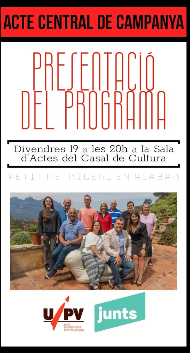 uipvjunts's tweet photo. #UIPV-Junts fa el seu acte central de campanya per explicar alguns punts del programa, aquest divendres 19 de maig a les 20h al teatre del Casal de Cultura de #Vacarisses. T'hi esperem! https://t.co/3P5Pa1l0Eu