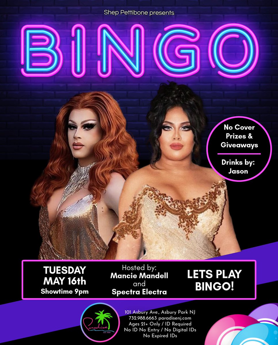 Bingo - Tuesday, May 16th 😀💖🌴
Hosted by: 
Mancie Mandell & Kimmy Sumony
Drinks by: Jason - Showtime: 9pm

#paradisenj #asburypark #asburyparknj #dragqueen #dragqueens #lgbt #drag #gay #dragqueenbingo #DragRace