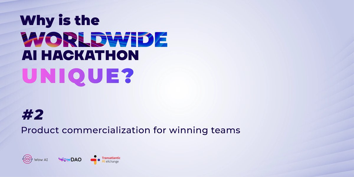 WowDAOAI's tweet photo. The Worldwide AI Hackathon gives our winning teams the opportunity to commercialize their product. We don't just stop at recognizing great ideas - we help put them on the market.

#WowAI #WowDAO #TransatlaticAIeXchange #WorldwideAIHackathon #AI #Hackathon #Innovation https://t.co/my1gw6MTUZ