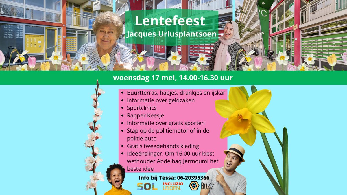 Morgen is het Lentefeest in het Jacques Urlusplantsoen: een gezellig event voor de buurtbewoners. Er zijn sportclinics, je kunt gratis kleding uitzoeken in de popup tweedehandskledingzaak van BuZz, er is er een buurtterras met hapjes en drankjes en aandacht voor geldzaken.