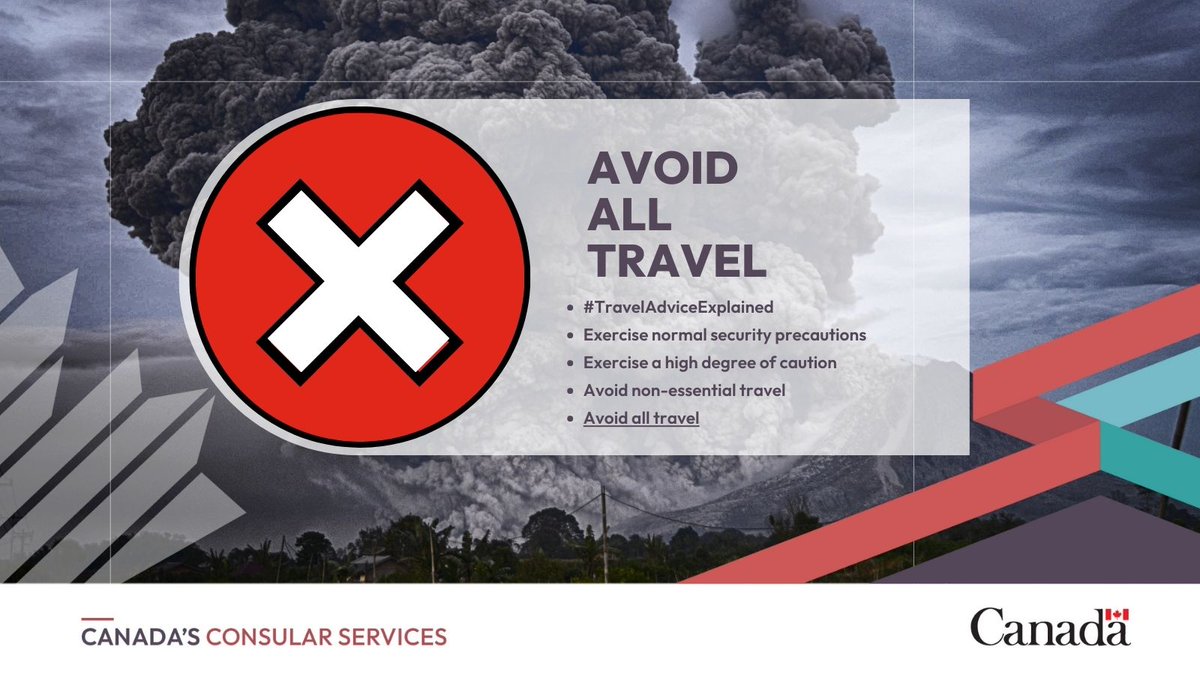 TravelGoC's tweet photo. #TravelAdviceExplained:
🔴 Avoid all travel
If your destination has an #AvoidAllTravel #RiskLevel, you should not go there. Your personal safety and security would be at great risk. If you’re already there, think about leaving—if it is safe to do so.
https://t.co/6FnGF8pmly https://t.co/r5pwNtJa2d