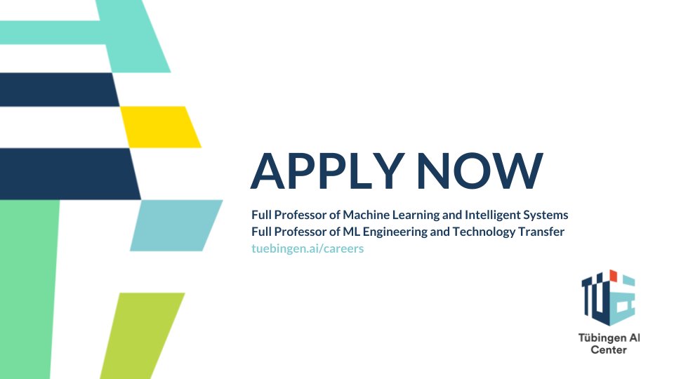 Matthias Bethge (@matthiasbethge) on Twitter photo Delighted to announce that we are hiring three full professors (#MachineLearning & Intelligent Systems; #ML Engineering & Tech Transfer) at the Tübingen AI Center! Apply by June 14: tuebingen.ai/careers
<a href="/uni_tue/">Universität Tübingen</a> @mpi-is <a href="/Cyber_Valley/">Cyber Valley</a> @ellisforeurope #jobs Delighted to announce that we are hiring three full professors (#MachineLearning & Intelligent Systems; #ML Engineering & Tech Transfer) at the Tübingen AI Center! Apply by June 14: tuebingen.ai/careers
<a href="/uni_tue/">Universität Tübingen</a> @mpi-is <a href="/Cyber_Valley/">Cyber Valley</a> @ellisforeurope #jobs