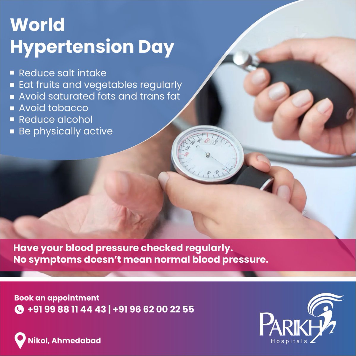 Blood pressure is always written as two numbers. Know your numbers. If your numbers are 140/90. Have a health professional measure your blood pressure regularly. . #ParikhHospitals #nikol #hypertension #hypertensiontips #hypertensionawareness #bloodpressure #WorldHypertensionDay