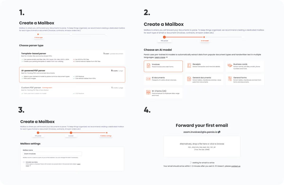 My go-to app for this right now is <a href="/parsio_io/">Parsio</a>, it works for parsing either emails or documents

And is super straightforward:

1️⃣ Decide the type of parser - traditional OCR or AI extraction
2️⃣ Identify the type of document
3️⃣ Give it a name
4️⃣ Forward an example