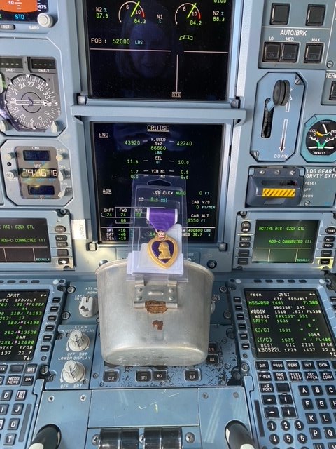 Today, a canteen cup found in Italy that belonged to Pvt. Wesley Karna, returned to the US. When the crew heard the story, the cup and Purple Heart got a visit to the flight deck as we approached the US coast.  Thanks to Missy and the entire @delta 113 for honoring Wesley!