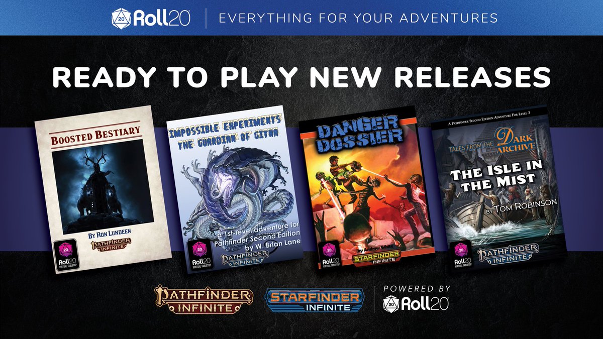 Now available from <a href="/PF_Infinite/">PathfinderInfinite</a> and powered by <a href="/roll20app/">Roll20</a>! 🎲

Four new fantastic titles are ready to play in your Pathfinder and Starfinder games! 💫

Already purchased the PDFs of these titles? 
Save up to 25% on the Bundle! 🛟

bit.ly/PFIxSFIxRoll20