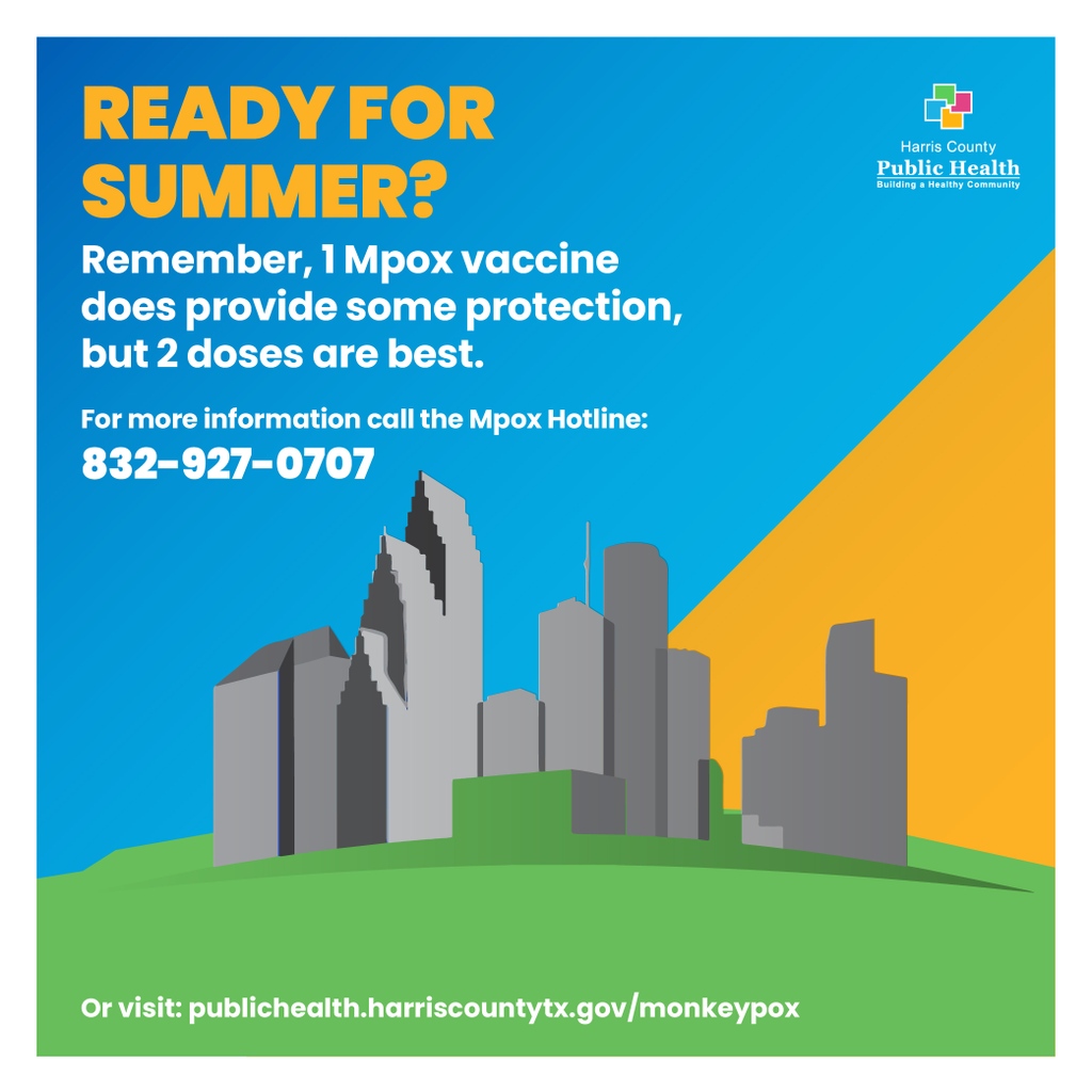 Testing123HTX's tweet photo. Remember, 1 Mpox vaccine does provide some protection, but 2 doses are best. For more information call the Mpox Hotline:
832-927-0707
#houston #houstonsummer #summerbody #queer #vaccines #vacinated #summerready #happyhouston #houstonlove #publichealth #houstonpride https://t.co/FOwlnQeTtz