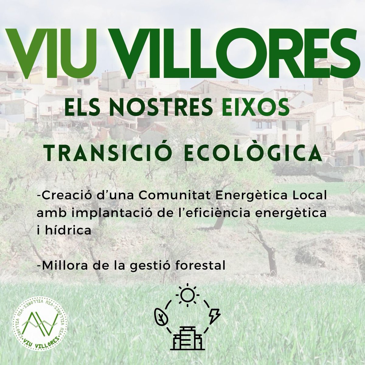 🏡🌞 Avui presentem l’eix de Transició ecològica.
Comunitat energètica local, eficiència hídrica i energètica. A més, defensarem el territori de l’atac dels grans oligopolis i dels incendis.

#Villores #ViuVillores
