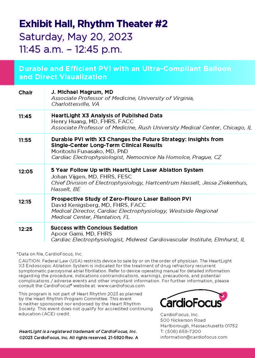 Mark your calendars! Join us on Saturday, May 20 at 11:45 am CST for our #HRS2023 Rhythm Theatre presentation on 'Durable and Efficient PVI with an Ultra-Compliant Balloon and Direct Visualization' and stay ahead of the curve with the latest advancements in AFib treatment.