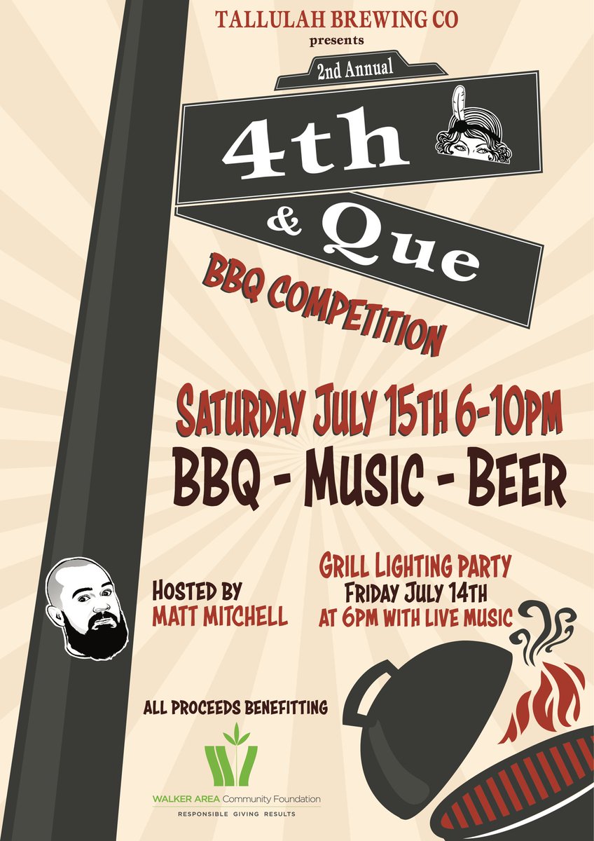 BBQ. Music. Beer. 
<a href="/ALostrich/">Matt Mitchell</a> <a href="/wacf/">Walker Area Comm. Fd</a> 
Compete. Sponsor. Attend. 
tallulahbrewing.com/4th-que