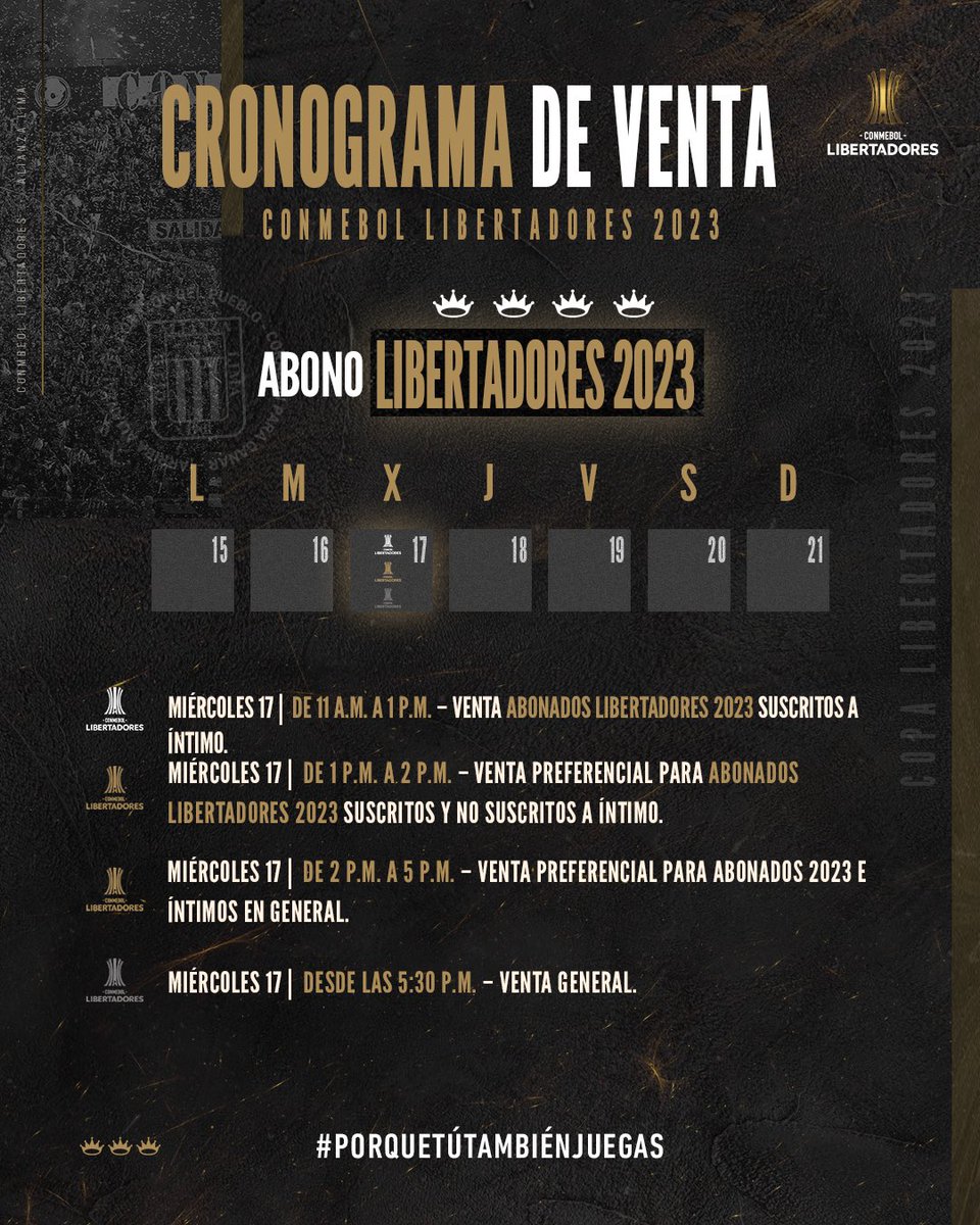 ClubALoficial's tweet photo. ¡𝗛𝗔𝗦𝗧𝗔 𝗘𝗟 𝗙𝗜𝗡𝗔𝗟, 𝗕𝗜𝗖𝗔𝗠𝗣𝗘𝗢𝗡𝗘𝗦!🤝🏾💙

Este es el cronograma de venta de entradas para el partido ante @Libertad_Guma en casa por la fecha 4 de @Libertadores. 

Atento a las fechas y los horarios que te corresponden.

#PorqueTúTambiénJuegas
#JuntosHastaElFinAL https://t.co/SESJhXfSqE