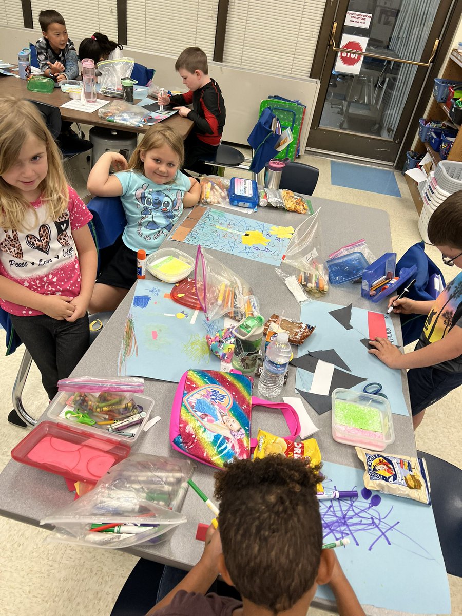 JRobinsonKinder's tweet photo. A = Art! We did art with shapes! Look at these creative pieces! #ABCcelebration 
#EndOfYearKinders https://t.co/IzrF3YGowM