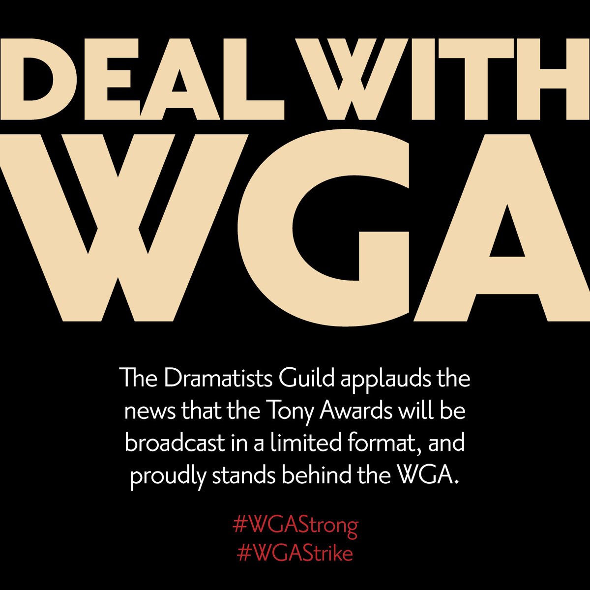 dramatistsguild's tweet image. DG proudly stands behind @WGAeast @WGAwest – & all writers – in their fight for fair wages. We're grateful & relieved that this season’s shows will be honored in @thetonyawards ceremony with the global reach they deserve.
Read more:
dramatistsguild.com/news/tony-awar…
#WGAstrong #WGAstrike