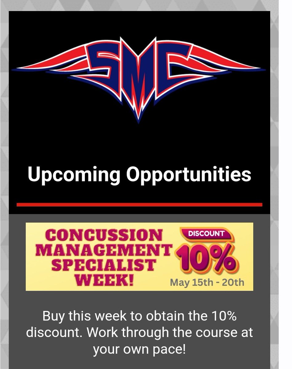 End of the school year #ConcussionManagementSpecialist discount! 10% off this week only!
learn.sportsmedicineconcepts.com/p/smc-s-concus…