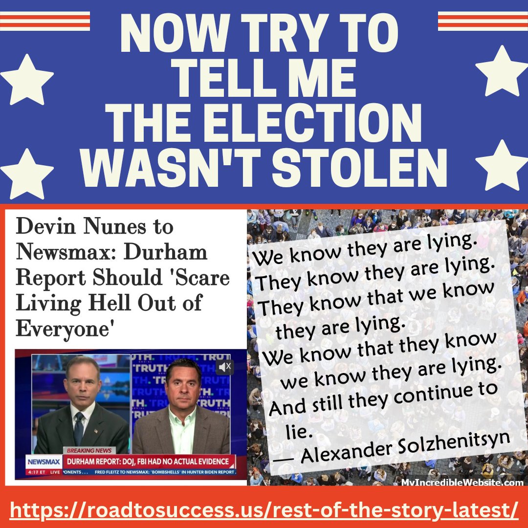 NOW TRY TO  TELL ME THE ELECTION WASN'T STOLEN! 
1. Voting Irregularities 
2. (Social) Media Meddling 
3. NOW #RussiaHoax Confirmed (Durham) Including FBI / Govt. Interference for the express purpose of affecting the 2020 #Presidential Election ☑️ 🚛 🇷🇺 ✅ buff.ly/3B1ysDi