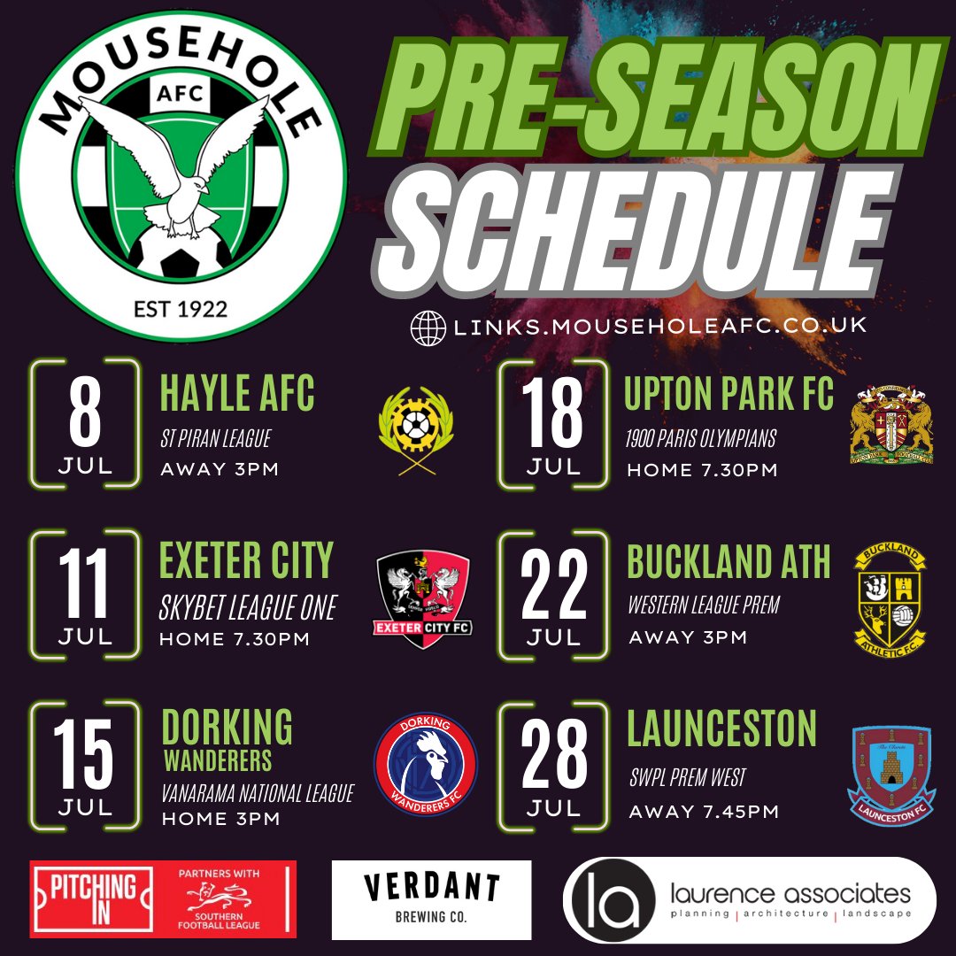 🟢⚪ PRE-SEASON SCHEDULE ⚪🟢  

We are excited to announce our pre-season friendlies. The preparations for the new season are well underway!!

#wayoutwest #seagulls #mafc #cornwall