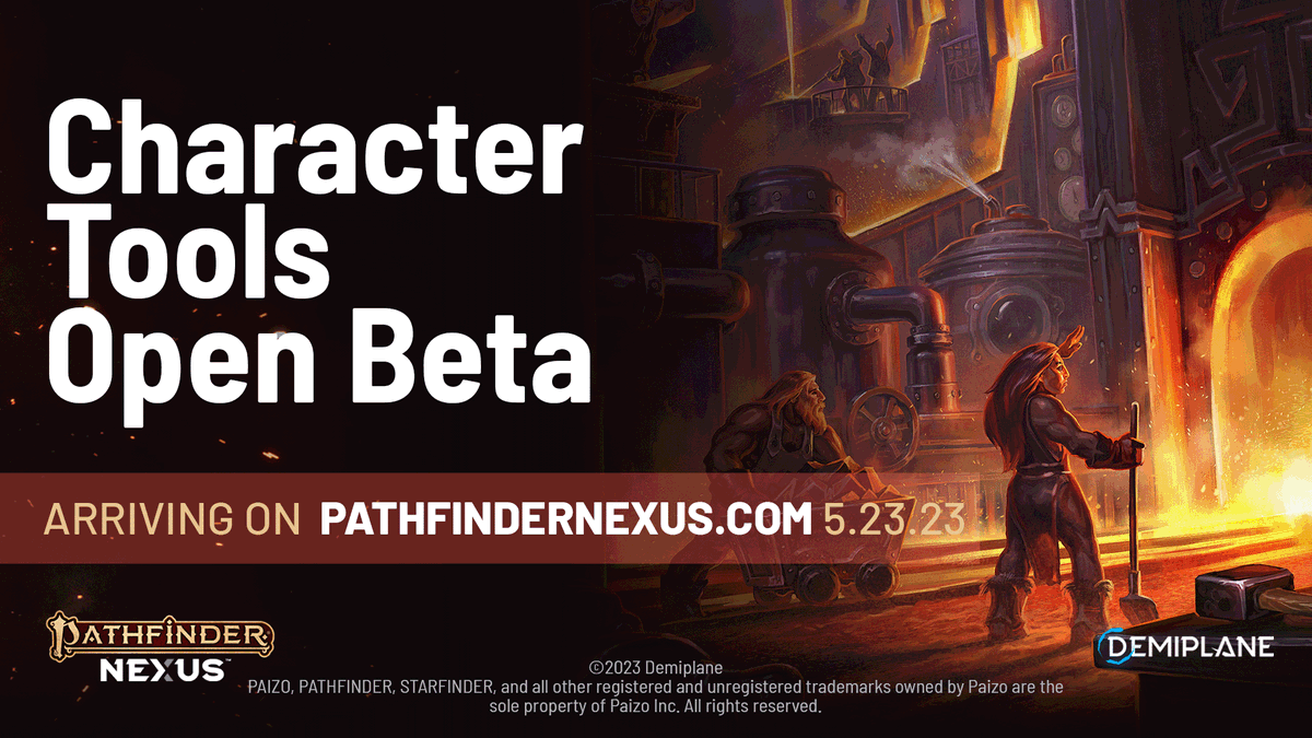 DemiplaneRPG's tweet photo. Unleash your hero Digitally!

As we announced today on this morning's Dev Update, the #Pathfinder Character Tools Open Beta will start on Tuesday, May 23rd. Gather your party and join the beta at https://t.co/0n2JhxSQEa
@OfficialPaizo #pf2e #PathfinderNEXUS https://t.co/QAFA2JxF3j