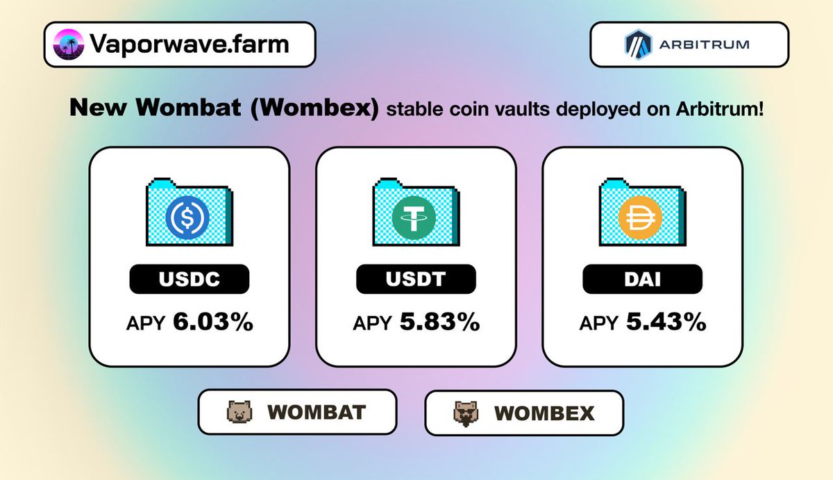 🚨 Just launched strategies for our next <a href="/arbitrum/">Arbitrum</a> protocol!

🚀 Head to vaporwave.farm for the highest APY on <a href="/WombexFinance/">Wombex</a> pools!

#Arbitrum #DeFi #Yieldfarming