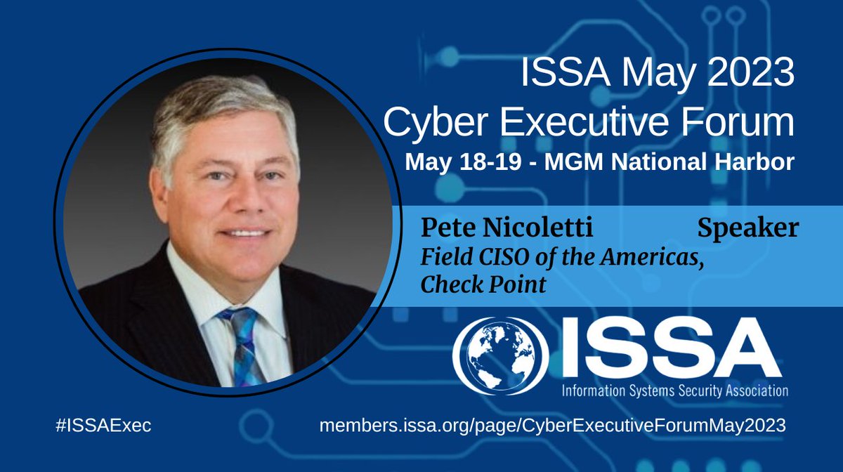 ISSAINTL's tweet photo. Pete Nicoletti, Field CISO of the Americas, @CheckPointSW will be speaking at our upcoming ISSA Cyber Executive Forum in DC. He will dive into the benefits and risks of the latest AI tools and what questions CISOs and Execs should consider.
https://t.co/th83qrlHG0
#ISSAExec https://t.co/HmX4eMUUYf