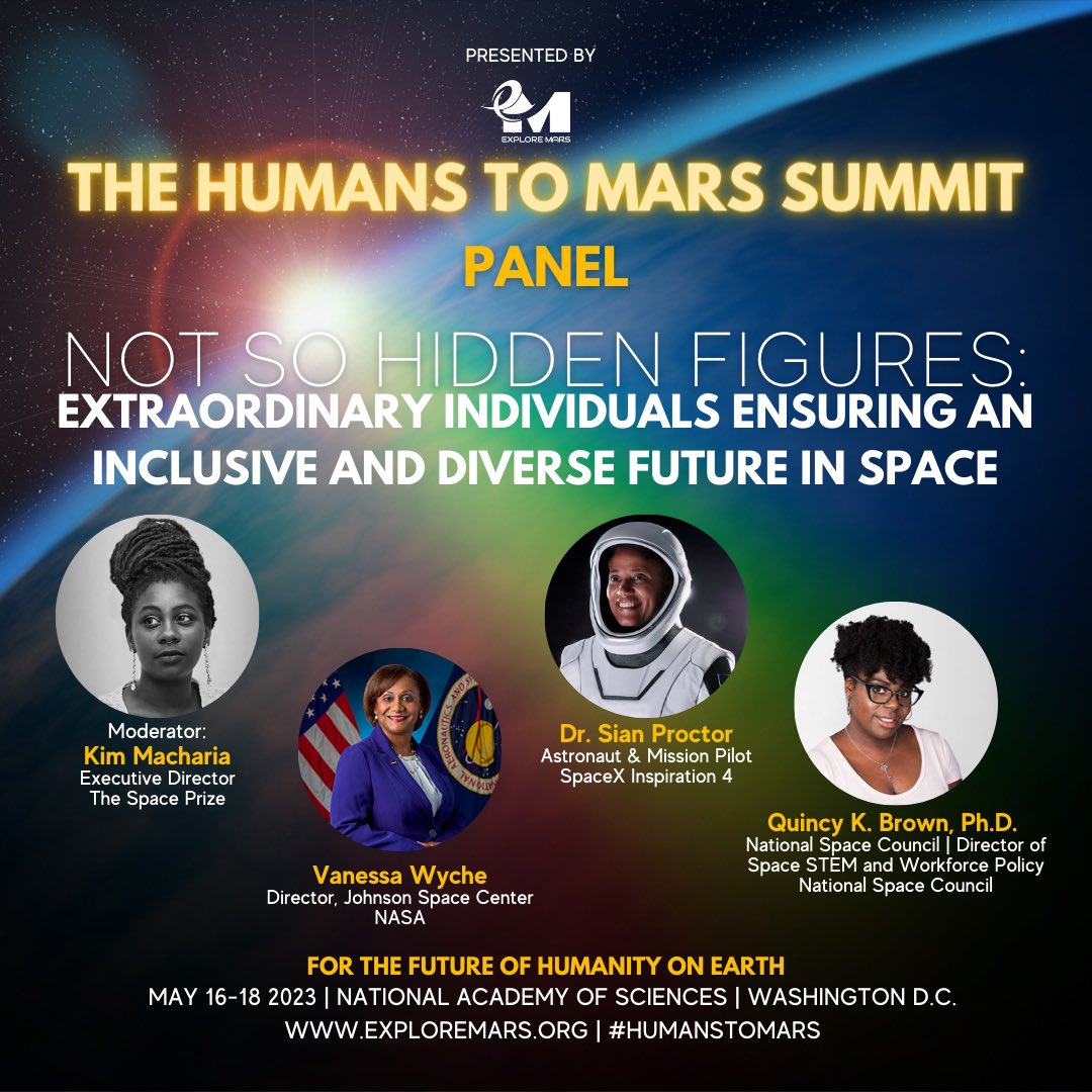 Join us on IG Live from the #humanstomars summit Thursday, May 18, at 9:20am EDT for the “Not So Hidden Figures” panel 

Do you have questions for these panelists?! 

Leave your questions in the comments or join us LIVE and we’ll get them answered!
#spaceprize <a href="/DrSianProctor/">Dr. Sian “Leo” Proctor</a>
