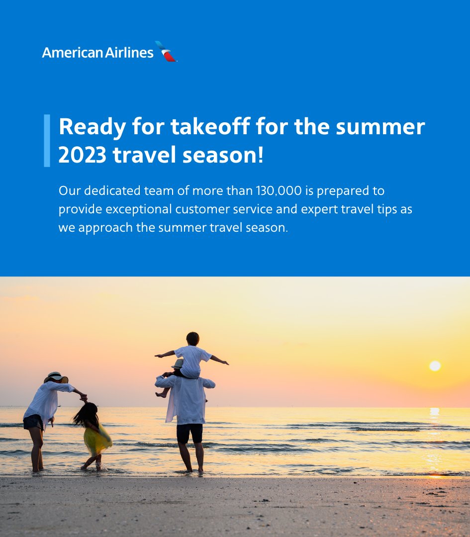 Who’s ready for summer 2023? Our #AATeam is! ✈️ As airports get busier, be sure to prepare for your journey. We offer two important travel tips: 1. Use the American Airlines mobile app to streamline your trip. 2. Sign up and use the AAdvantage® program for the most rewarding and…