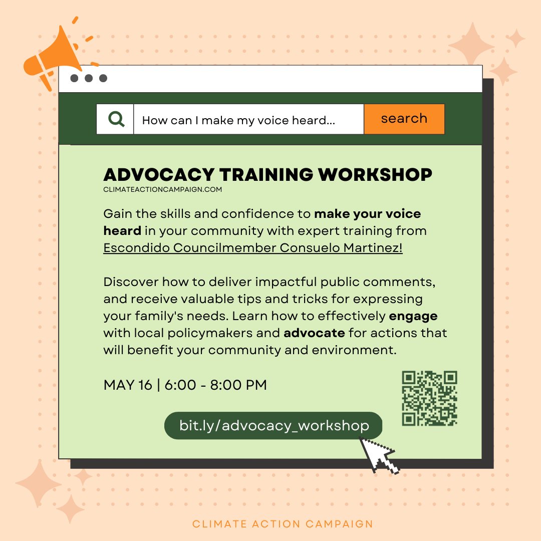 Advocacy Training Workshop tonight! Learn from @sdclimateaction, the Urban Collaborative Project, and our Advocacy & Leadership Director @consuelo_d1 about the local #climate #advocacy process and how to give effective public comments. ⁠ Register on zoom: us02web.zoom.us/meeting/regist…