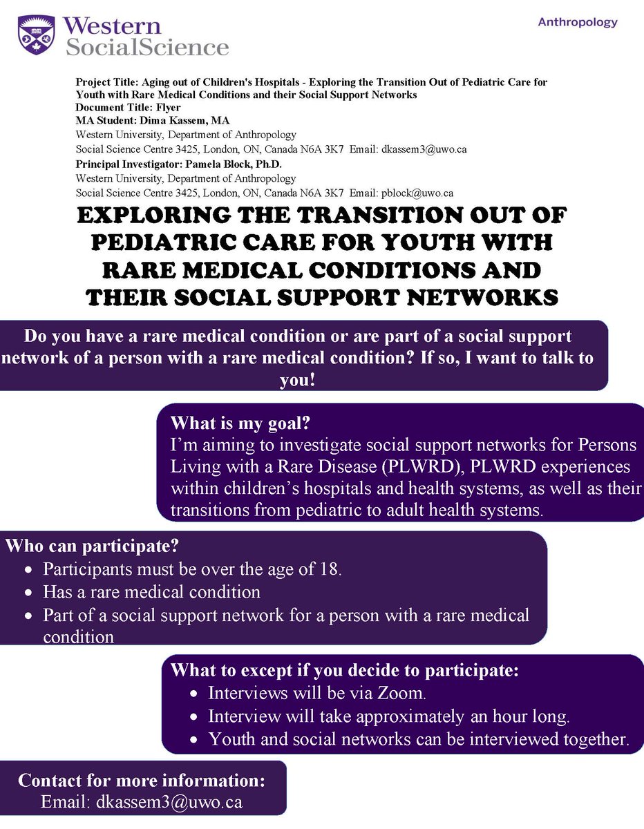 If you are interested in participating or have any questions, please contact Dima Kassem.  
Email: dkassem3@uwo.ca