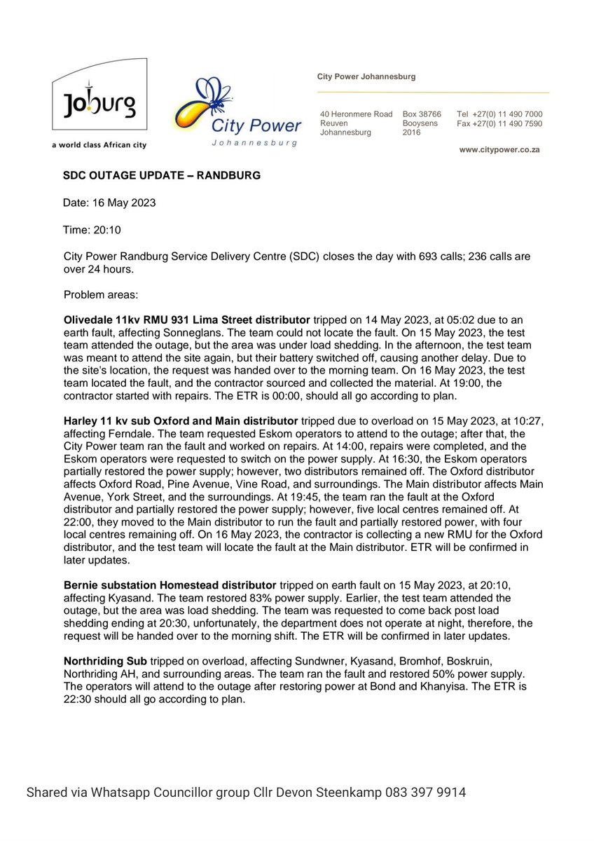 THEDEVCHEV's tweet image. ⚡ #KyaSand #Block8 #Block16 #RandparkRidge #Boskruin 
16 May 2023, 20h20 - Cllr Devon Steenkamp

Latest update

There is still no further update for #BeyersNaudeSubstation will keep chasing and escalating