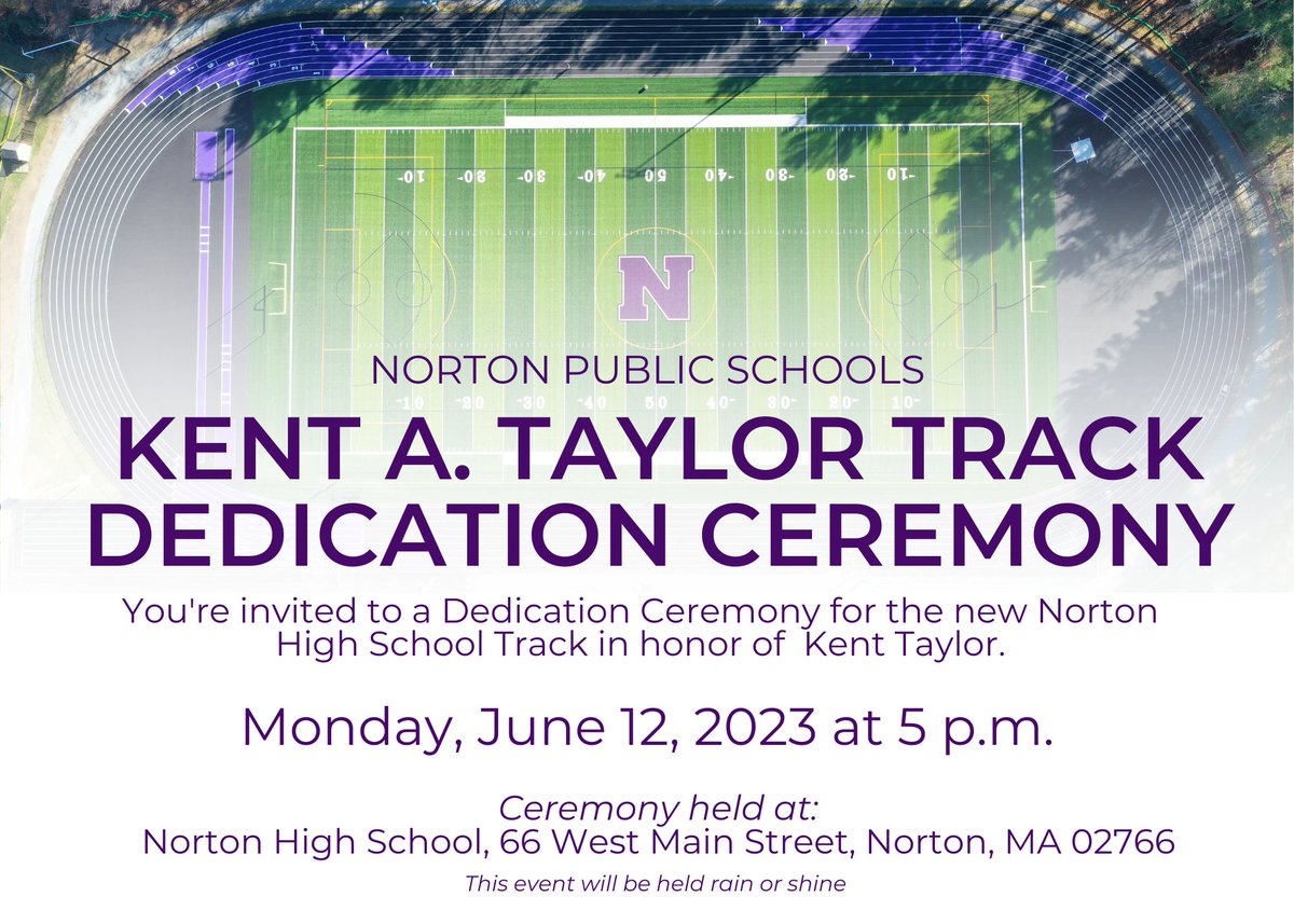 Please join Norton Public Schools on Monday, June 12 at 5 p.m. at Adams Field (NHS) as we celebrate the dedication of the Kent A. Taylor Track. This event will be held rain or shine.