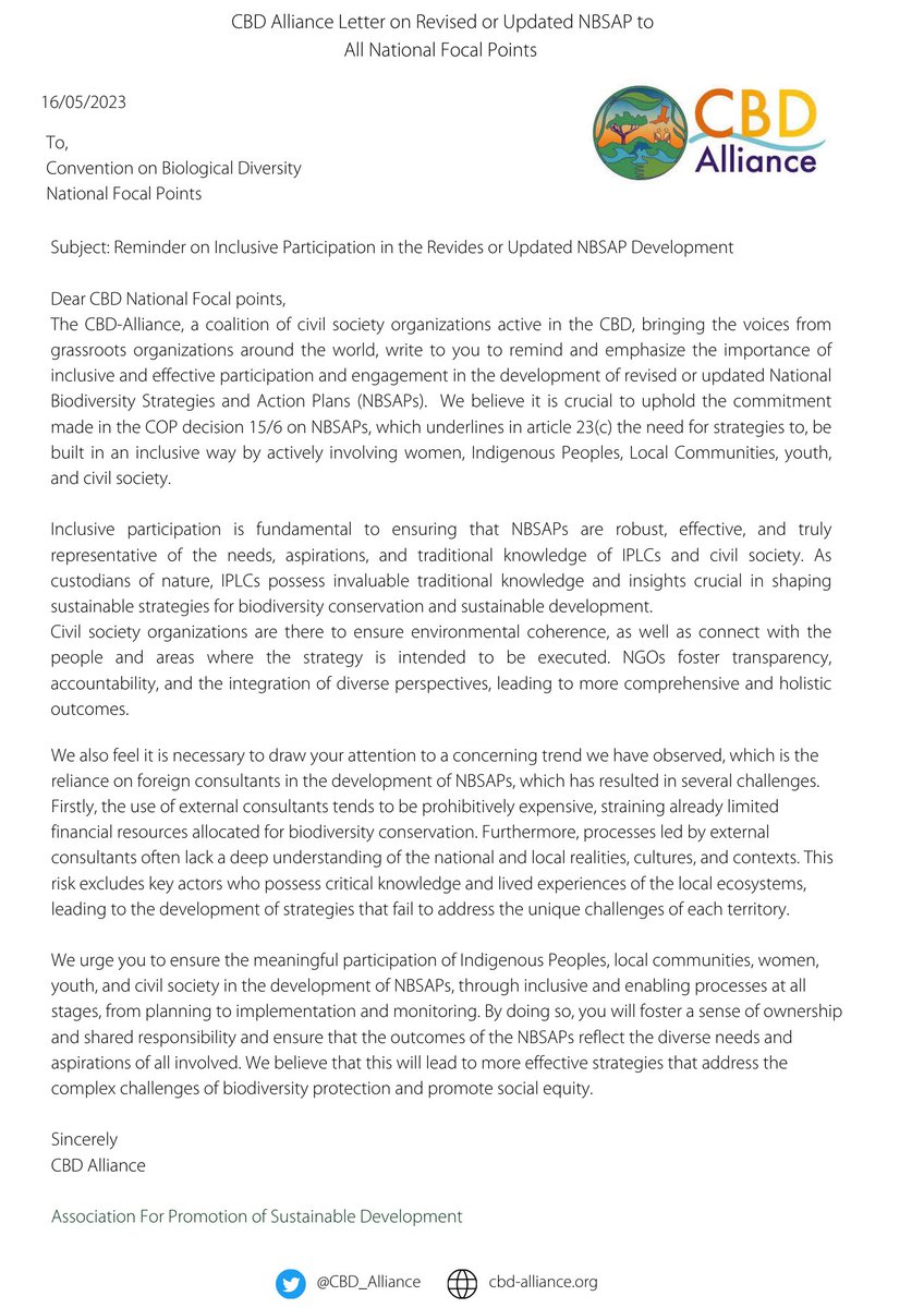 CBD Alliance letter on NBSAP to CBD National Focal Points