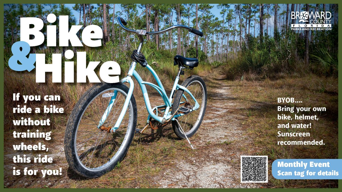 Explore Coconut Creek's natural areas on a naturalist-led bike and hike this Sunday, May 19, 9-10AM. The adventure starts at Kristin Jacobs Natural Area at Hillsboro Pineland. Bring your own bike, helmet, and water! It's FREE! Preregister at webtrac.Broward.org.