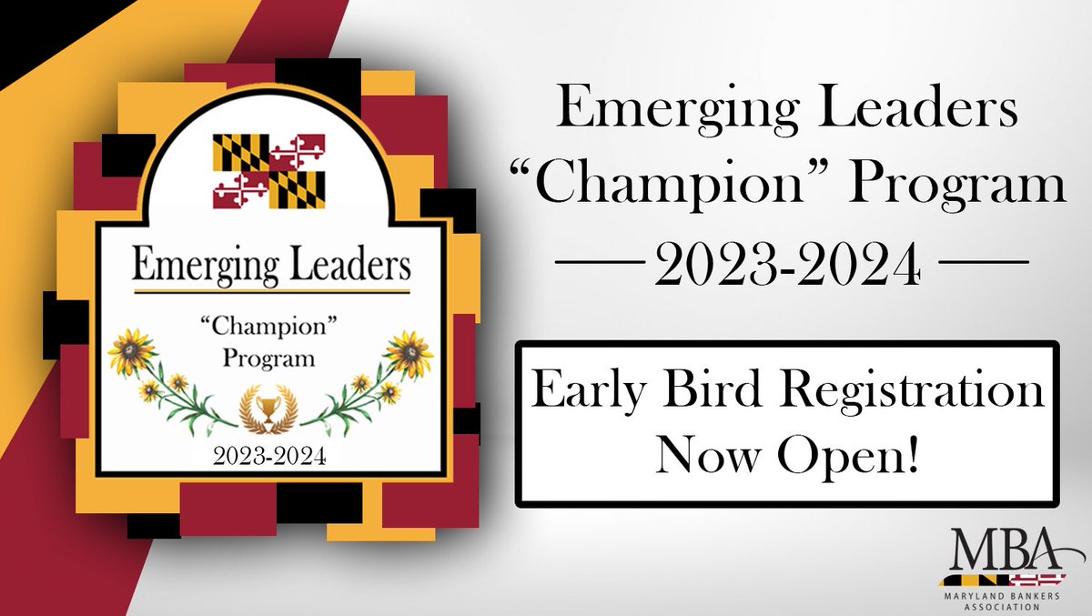 Registration just opened for the 2023-24 Emerging Leaders "Champion" Program! Be sure to nominate an up-and-coming banker in your institution and take advantage of our early bird pricing today! 

Learn more here: ow.ly/KVqp50OprEG

#elcp #leadership #banking #maryland
