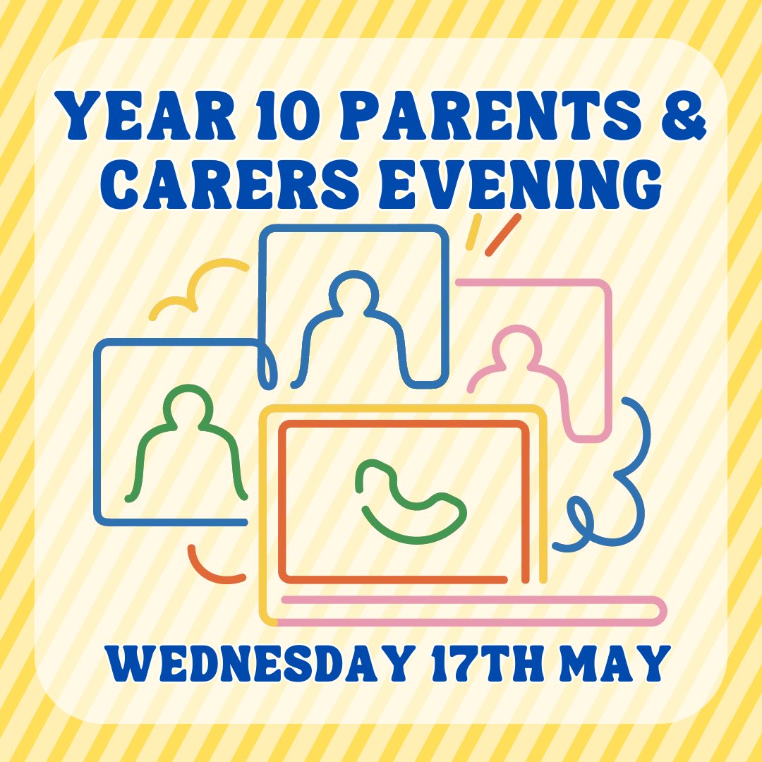 Year 10 virtual parent/carers evening 💻
Wednesday 17th May 
4pm-7pm
. 
Make sure you get you appt booked in on School Cloud. Please drop us an email if you’re unsure! This is a great opportunity to touch base with teachers after students received their mock exam results today!