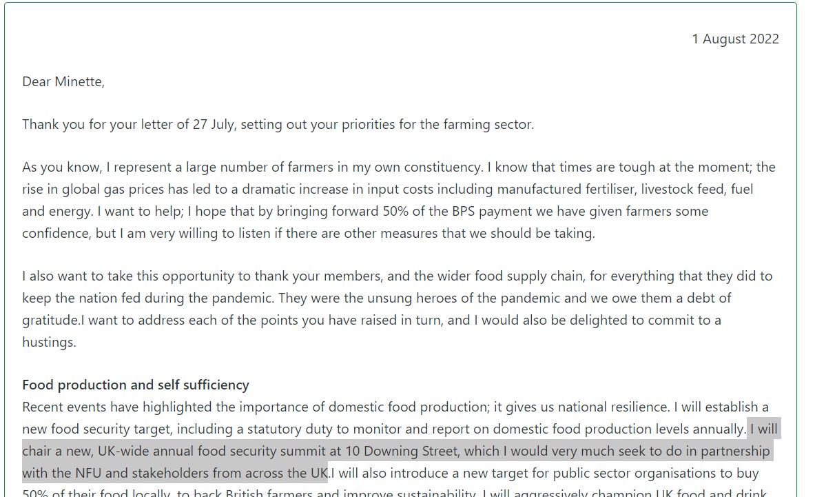 Today it was great to see @RishiSunak keep his word to the NFU’s members and host a food summit at No.10 – something he pledged to do in his reply to a letter from @Minette_Batters on Aug 1st last year. 1/