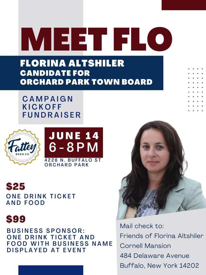 FlorinaLaw's tweet photo. I hope to see you all at @fatteybeer on June 14 for the campaign kickoff for my Orchard Park Town Council Kickoff Event! 
Follow my Facebook page for the latest here:

https://t.co/YDWSlmdR32 https://t.co/61bBGZdMtE