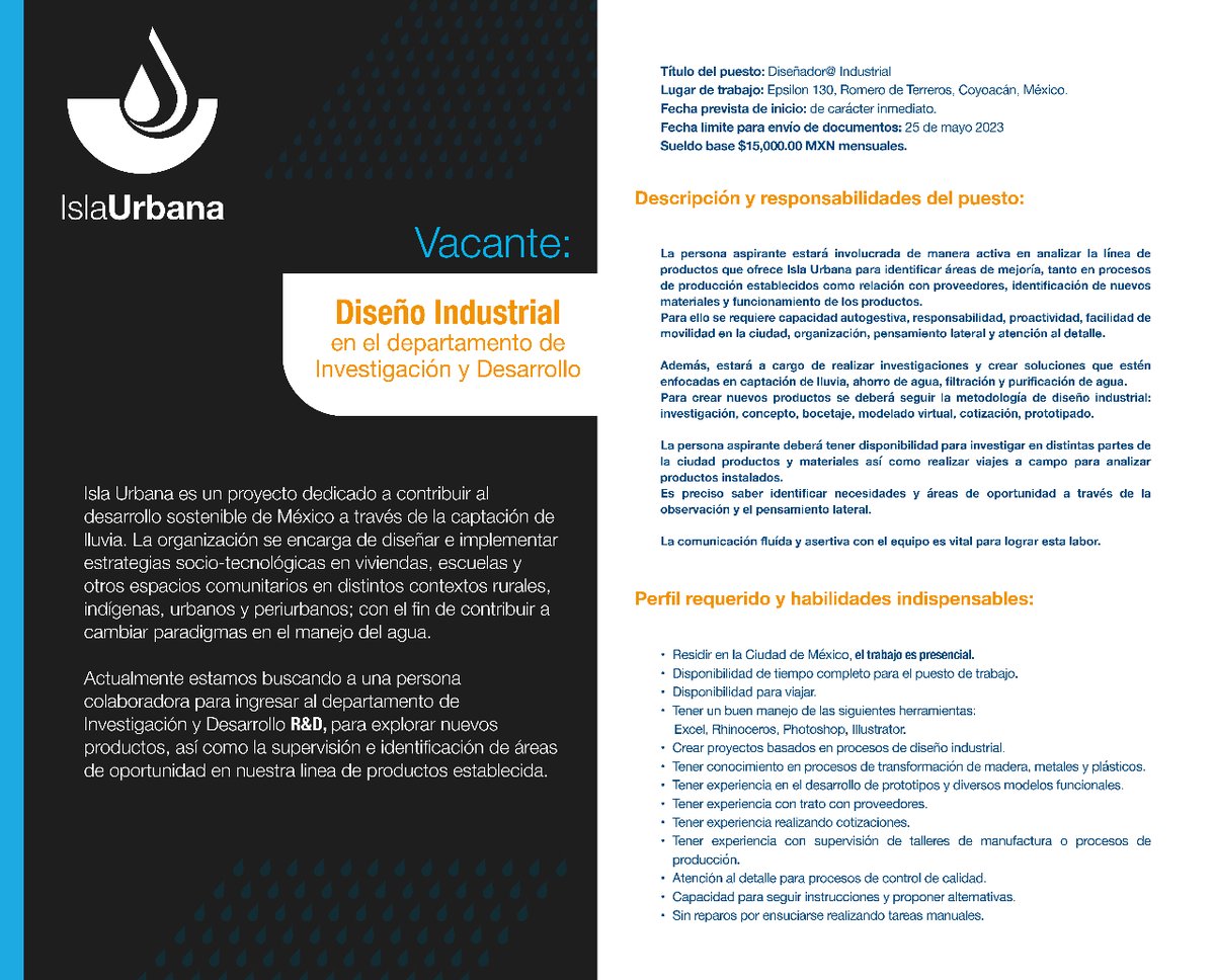IslaUrbana's tweet photo. 📢¡Diseñadorxs industriales, la #vacante en el departamento de Investigación y Desarrollo sigue abierta!
Envía CV, portafolio y carta de motivos a: mariana@islaurbana.org
📅 Fecha límite 25 de mayo
Vacante completa aquí: https://t.co/CYHVtXUMyC 
#CaptaLaLluvia #DiseñoIndustrial https://t.co/2VtGegLHg1