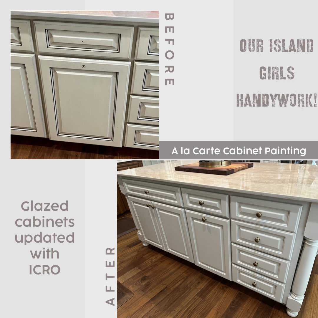 This glazed island was in desperate need of refinishing.  Client chose Sherwin William’s Aesthetic White that we sprayed in ICRO 5000 1k in 10 sheen.  #thehartleygroup #ICRO #Sherwinwilliamscolors #cabinetrefinishing #apexnc #cabinetry