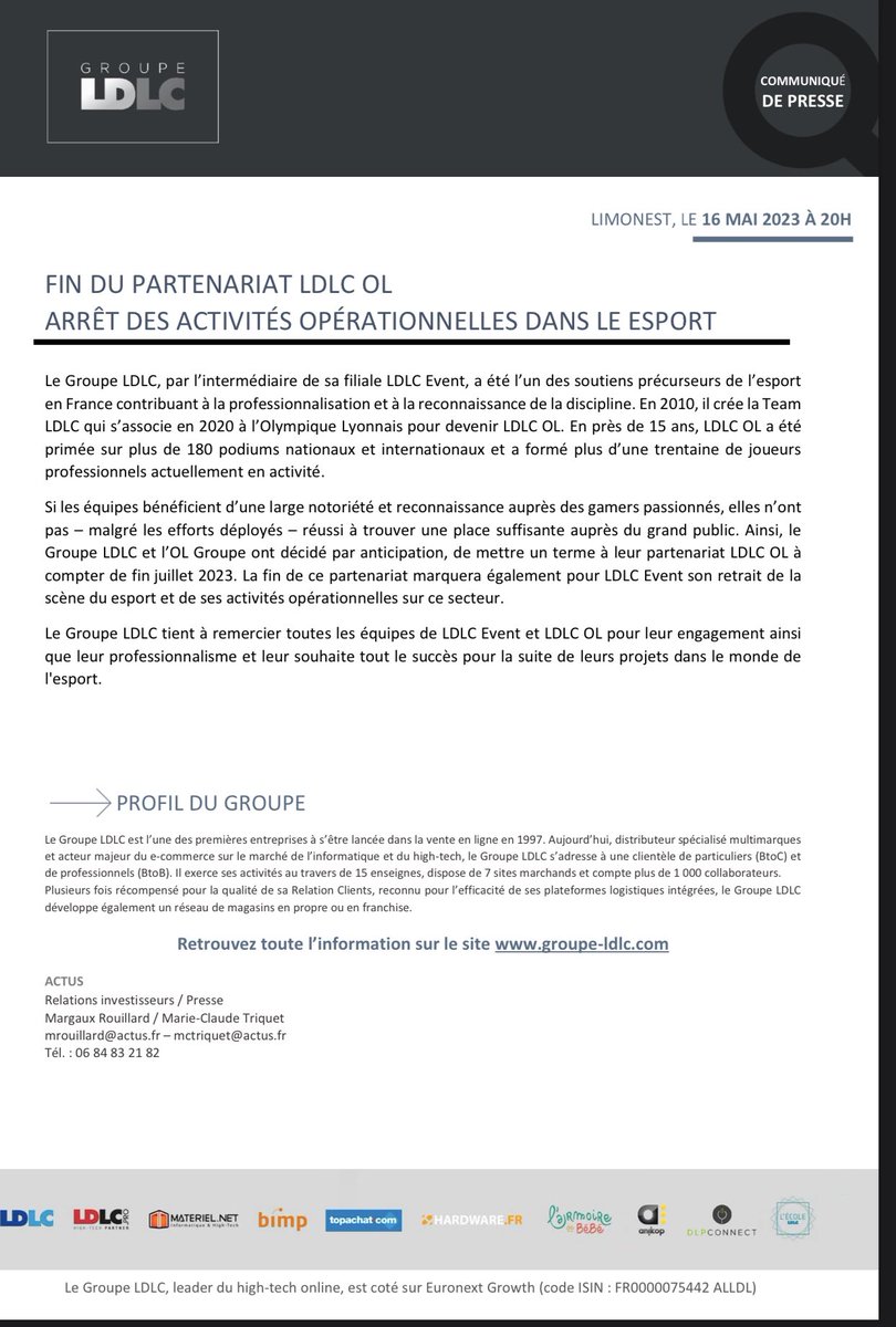 3 ans qui se terminent. D’ici fin juillet, LDLC OL c’est terminé et mon boulot aussi. On est tous pris de court.. 
Puis statut free lance, donc pas de chômage, va falloir se relever fast 

Ce soir, il pleut 

groupe-ldlc.com/fin-du-partena…