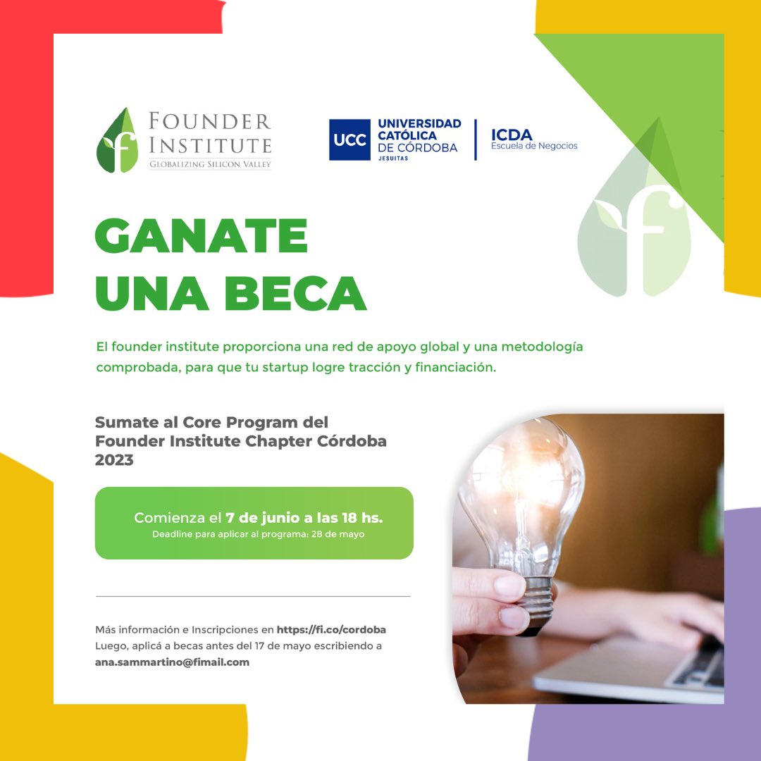 EECBA's tweet image. 𝗛𝗮𝘀𝘁𝗮 𝗲𝗹 24 𝗱𝗲 𝗺𝗮𝘆𝗼 podés participar para ganarte una BECA y sumarte al Core Program del Founder Institute Chapter Córdoba 2023 🚀 

Más información e inscripciones: 
🔗 fi.co/cordoba
📧 ana.sanmmartino@fimail.com

#FounderInstitute #CoreProgram #Startup