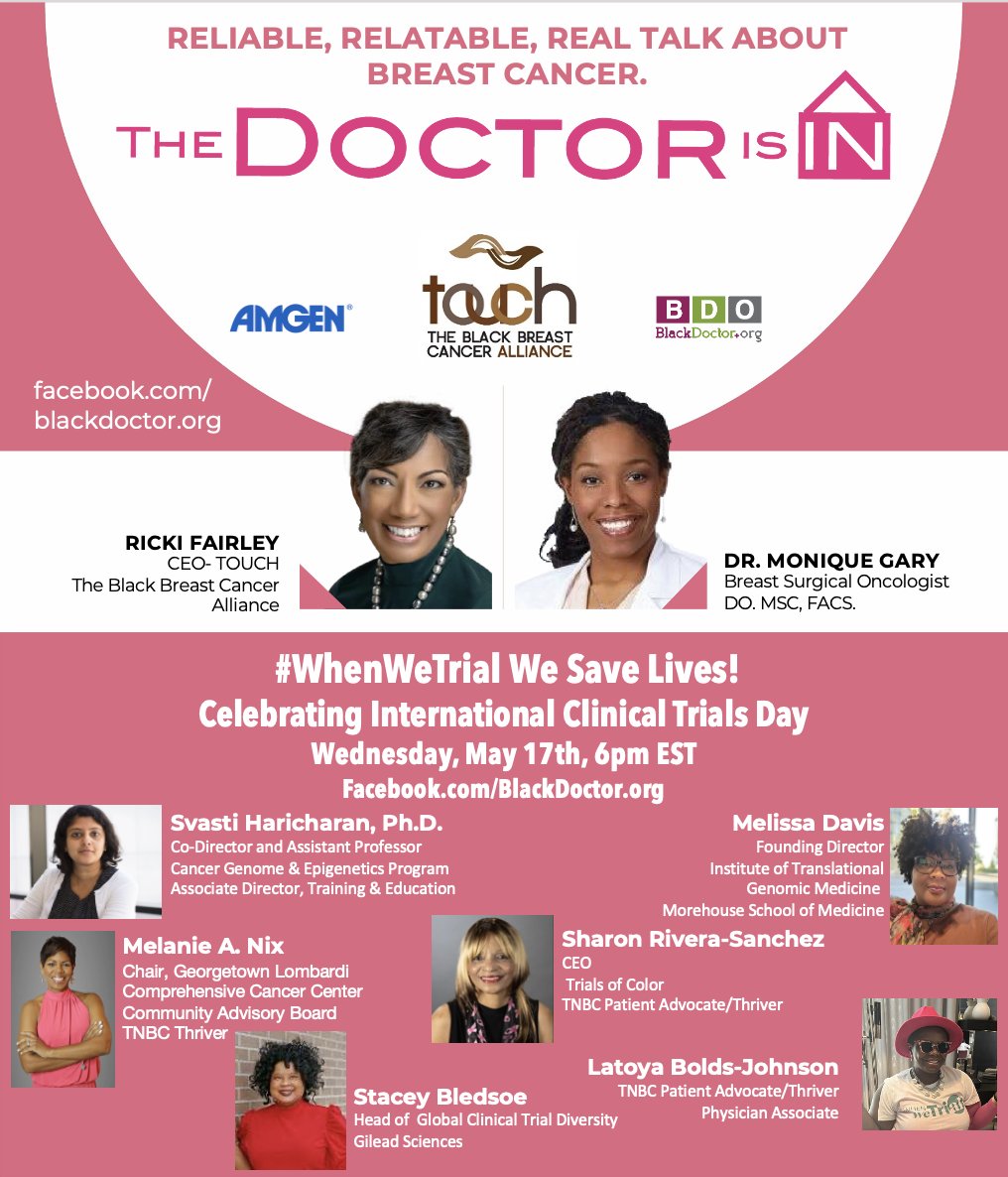 #WhenWeTrial #WeSaveLives
Celebrating #InternationalClinicalTrialsDay
Our #WhenWeTrial Movement is driving the trial recruiting of Black women but we all have much more work do. @MeliD32 @svastiharichar1 @GileadSciences @lombardiCancer @ColorTrials 
#WhenWeTrial @blackdoctor_org