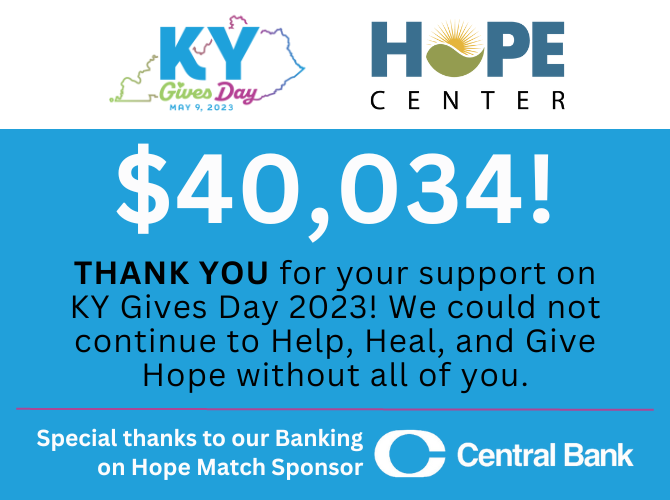 HopeCenterLex's tweet photo. THANK YOU! We raised $40,034 towards our mission to Help, Heal, and Give Hope on #KYGives23. A special thanks to our friends at Central Bank for sponsoring the Banking on Hope Match, we appreciate your continued support! #LexGiveHope https://t.co/vjfjzQrrav