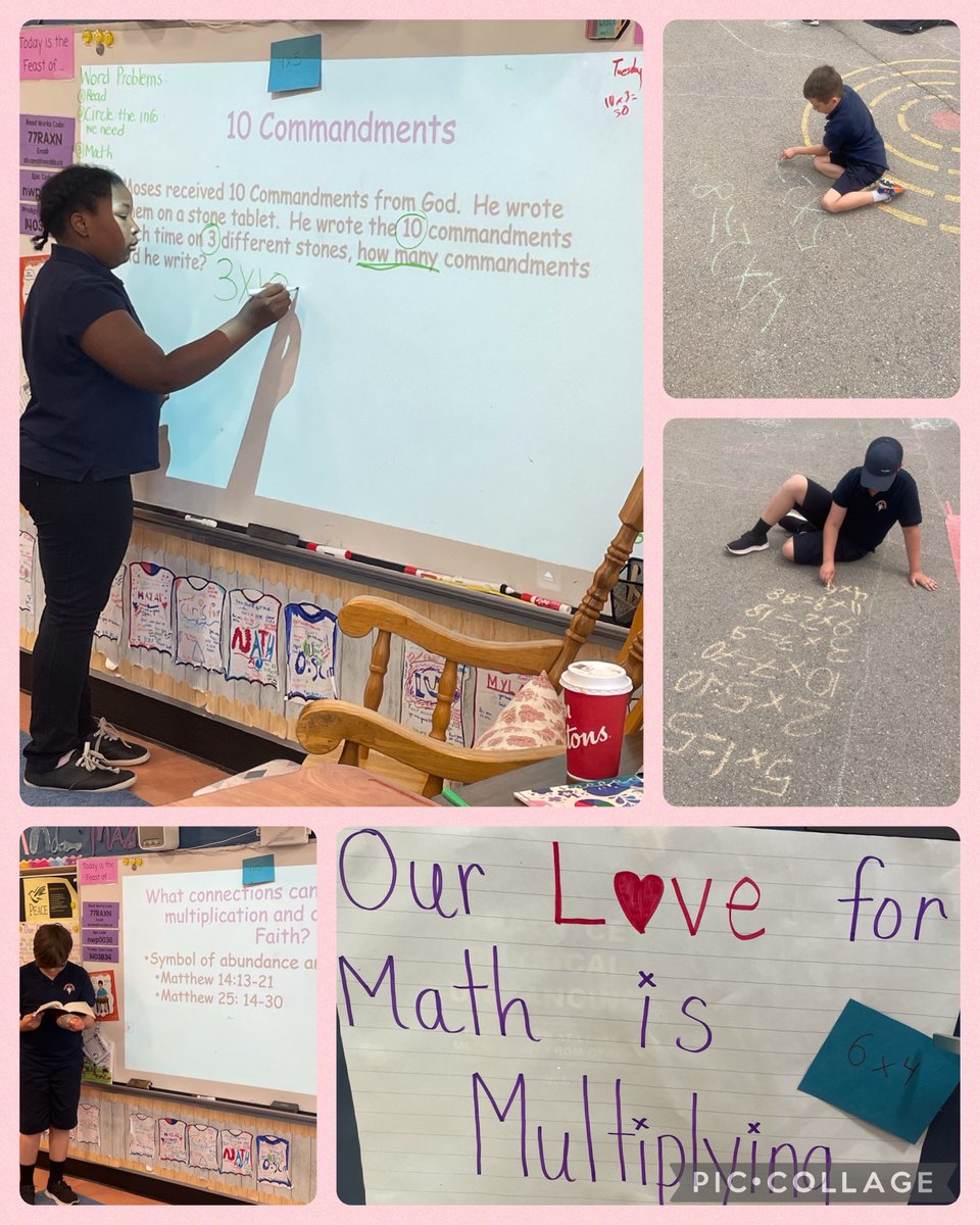 anthony_ces's tweet photo. Our love of math is multiplying in Mrs. Silva’s class! Multiplication was the theme of the day, and we began with learning about where we could find multiplication in the Bible! We read a multiplication story, multiplied numbers, and chalked our playground in math facts! @HWCDSB https://t.co/caZrJznua9