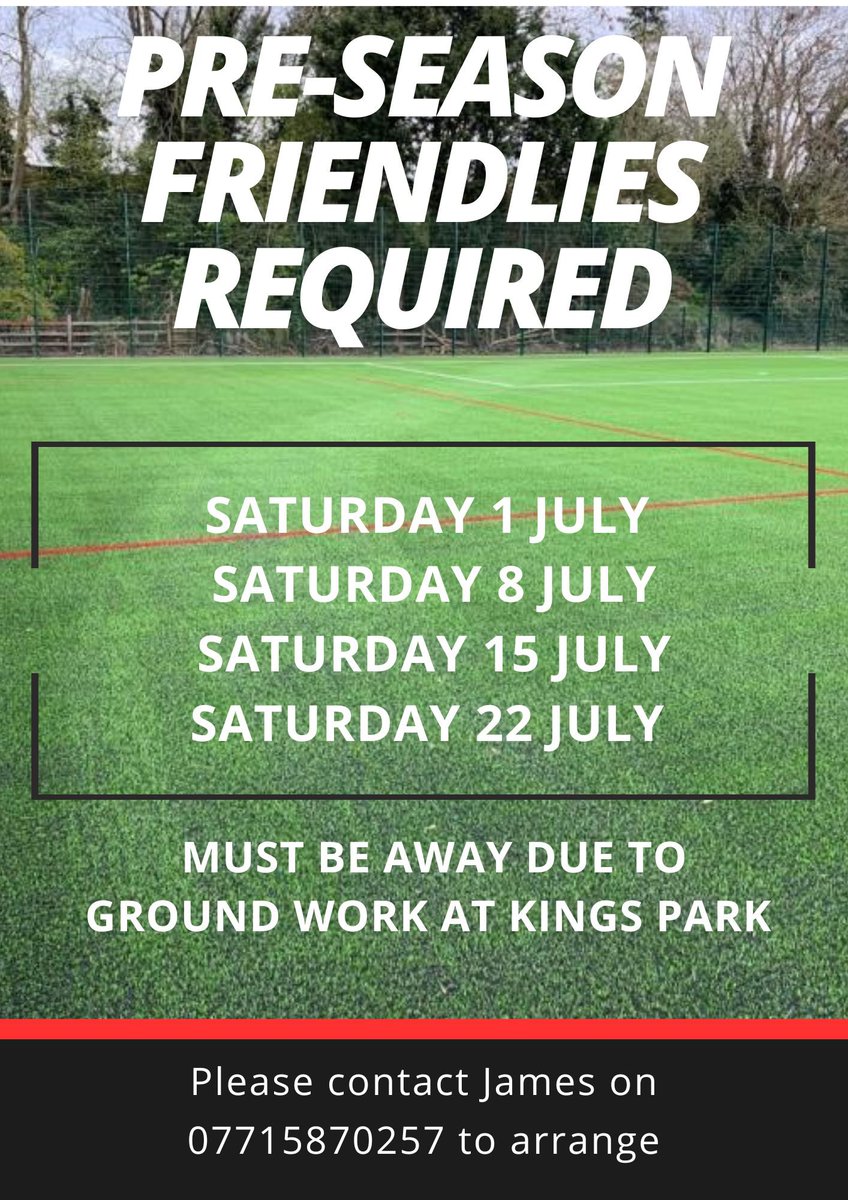 We are on the lookout for Friendlies for July for the first team, preferably at Step 5/6. Will have to be away with the potential to host 22nd July due to ongoing drainage works. Willing to travel and open to a midweek game also. Drop us a message….